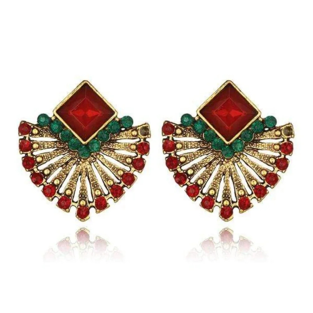 Womens Gold Red‎ Fan Stud Post Earrings